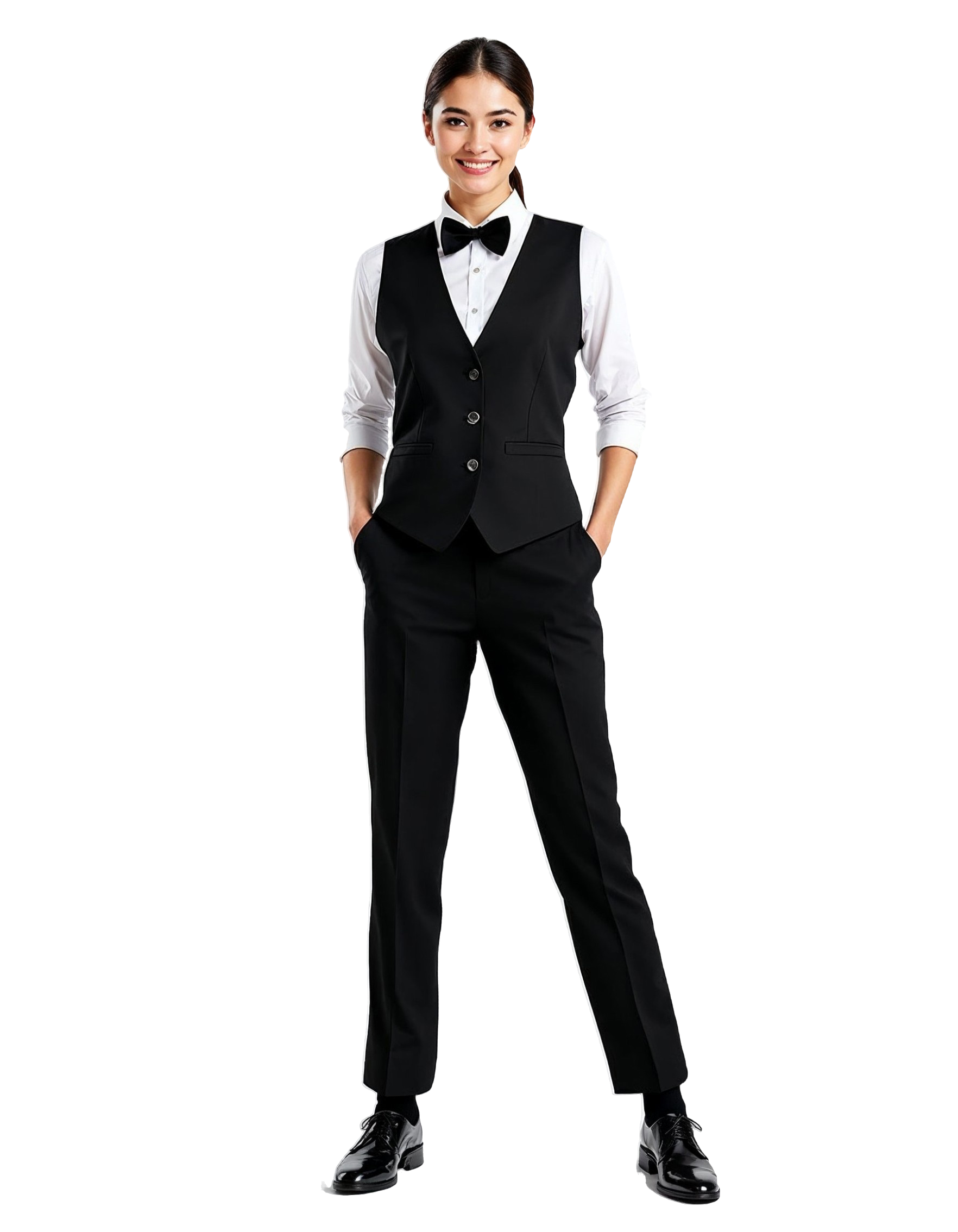 White Shirt Black Vest uniform example - female